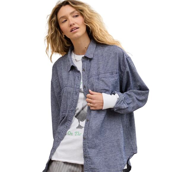 Aerie Anytime Fave Oversized Twill Button Up Shirt, Navy, Women's Large, NWT - Picture 3 of 5